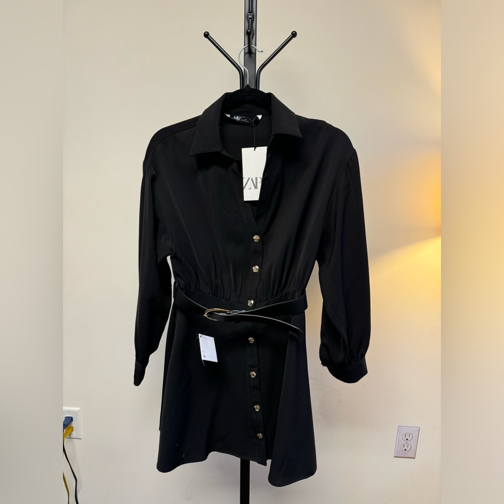 Black, Zara Button-Down Work Dress w/ Belt